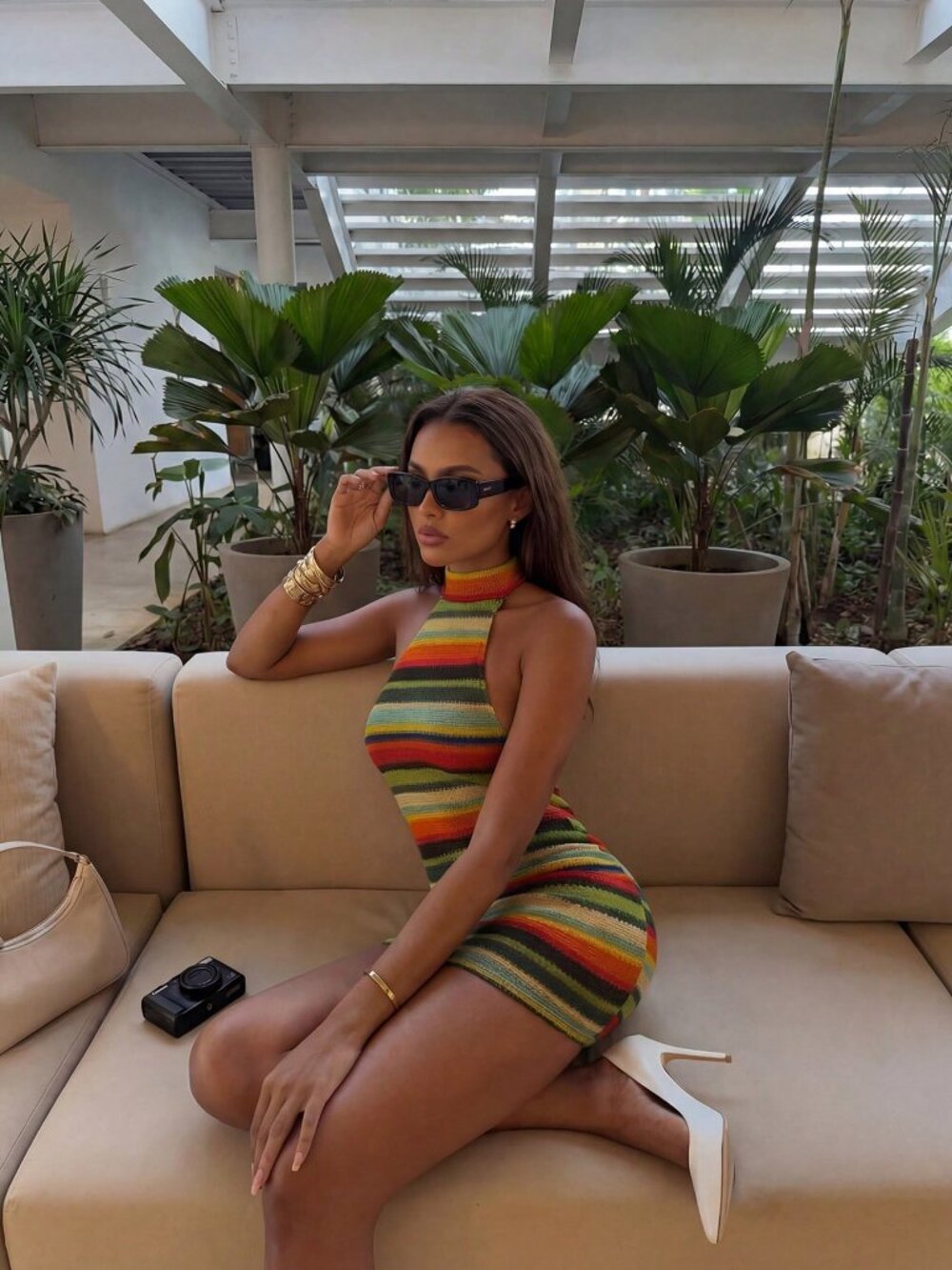 Multicolor Casual Women's Colorblock Spaghetti Strap Backless Beach mini  Dress - Picture 3 of 9